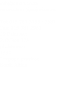 info@cajori.co.za
reservations@cajori.co.za

Tel: 015 781 3156 / 7681
Fax: 015 781 2963
39 Palm Ave
P.O.Box 373
phalaborwa
1390
Limpopo province
South Africa



